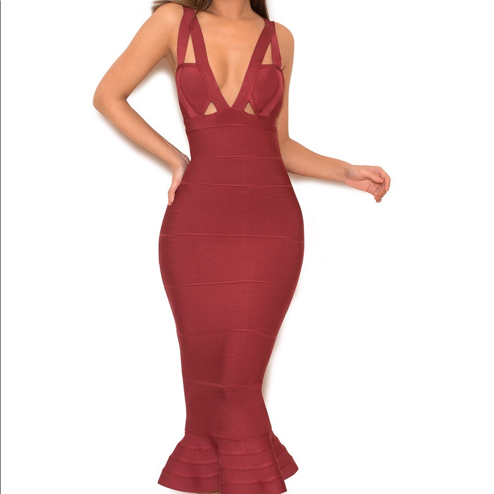 🔥🔥HOUSEOFCB BURGUNDY FISH TAIL BANDAGE DRESS 👗